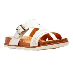 Clarks Slide‎ Sandals Brynn Hope Leather White Tan Slip On Flat Gold Buckle 7